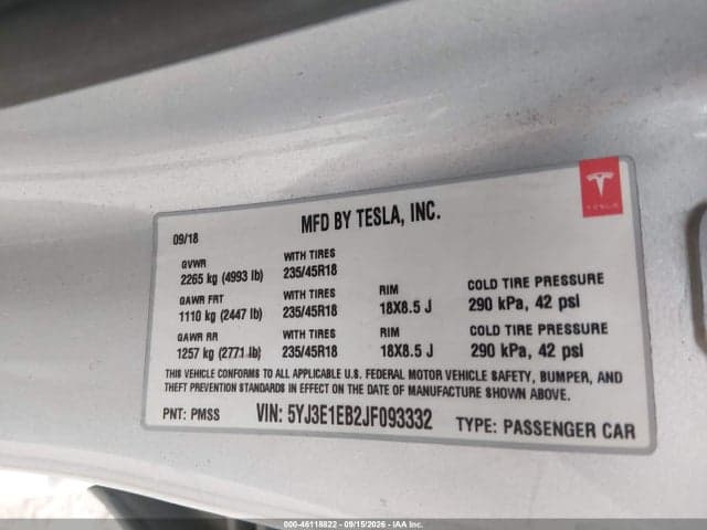 2018 TESLA MODEL 3 LONG RANGE/PERFORMANCE 9
