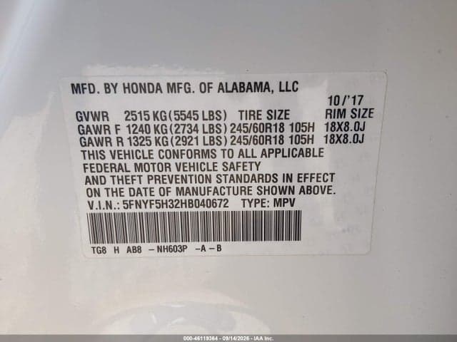 2017 HONDA PILOT EX 9