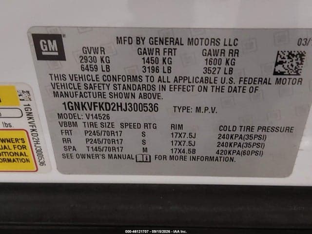 2017 CHEVROLET TRAVERSE LS 9