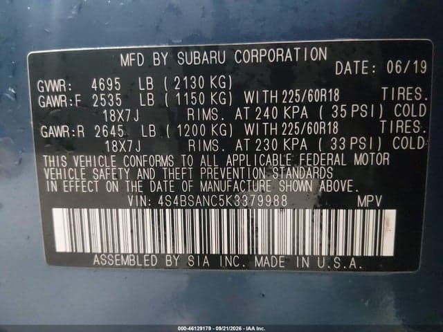 2019 SUBARU OUTBACK 2.5I LIMITED 9