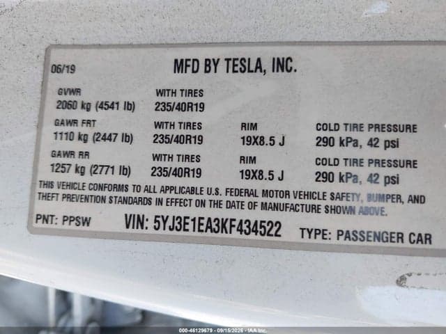 2019 TESLA MODEL 3 LONG RANGE/MID RANGE/STANDARD RANGE/STANDARD RANGE PLUS 9