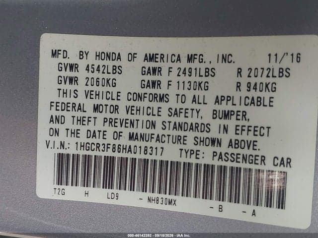2017 HONDA ACCORD EX-L V6 9