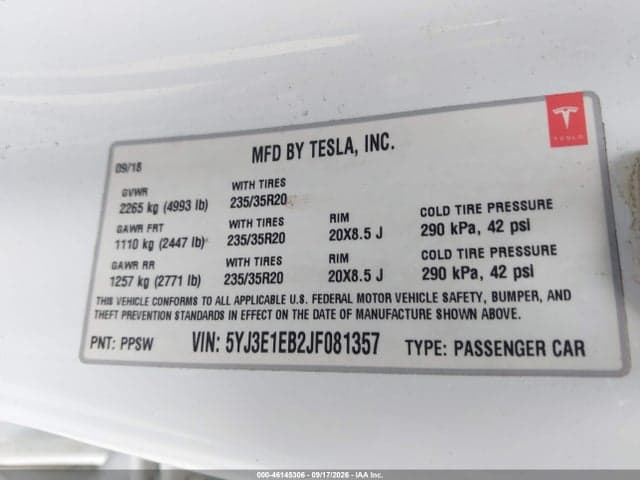 2018 TESLA MODEL 3 LONG RANGE/PERFORMANCE 9