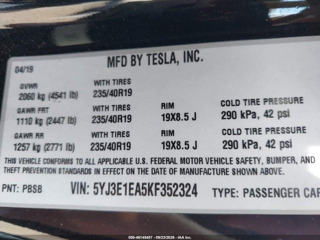 2019 TESLA MODEL 3 LONG RANGE/MID RANGE/STANDARD RANGE/STANDARD RANGE PLUS 9