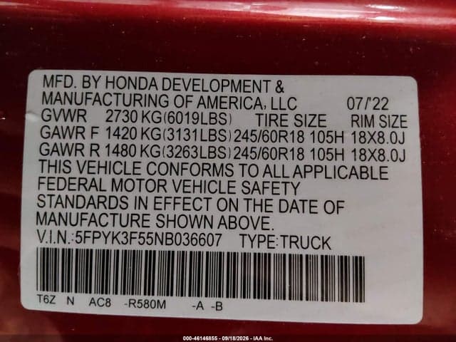 2022 HONDA RIDGELINE RTL 9
