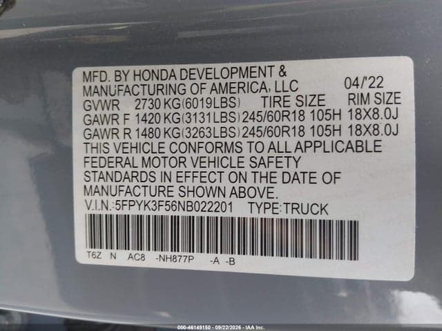 2022 HONDA RIDGELINE RTL 9