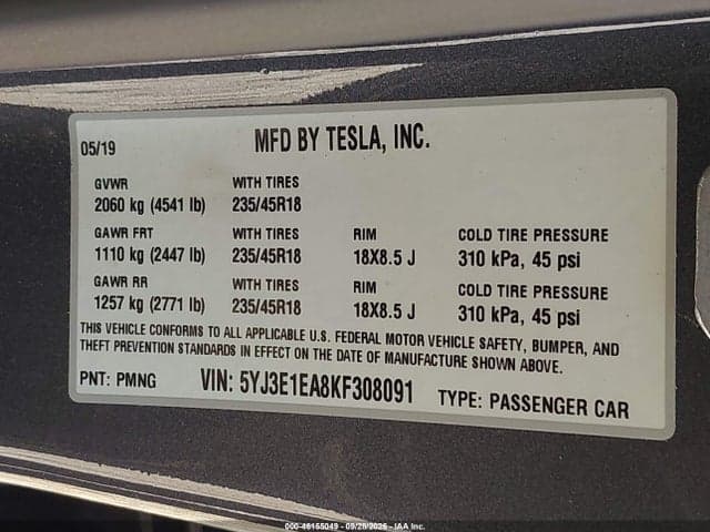 2019 TESLA MODEL 3 LONG RANGE/MID RANGE/STANDARD RANGE/STANDARD RANGE PLUS 9