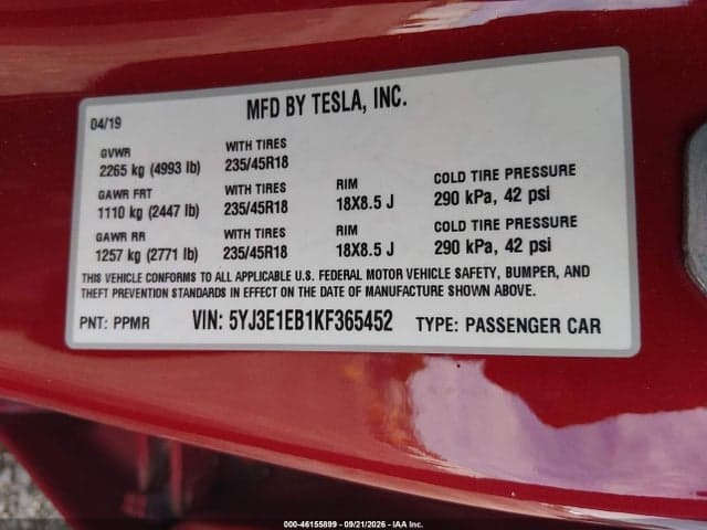2019 TESLA MODEL 3 LONG RANGE/PERFORMANCE 9