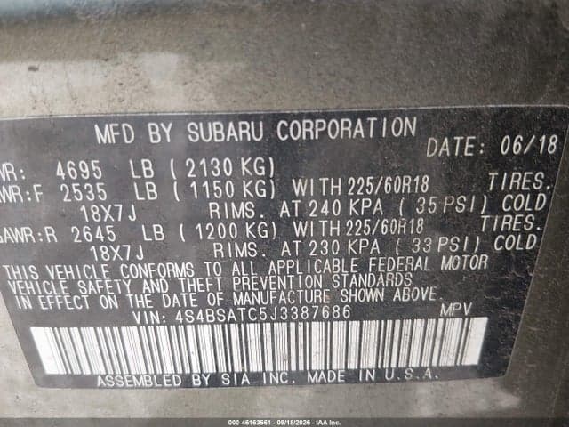 2018 SUBARU OUTBACK 2.5I TOURING 9