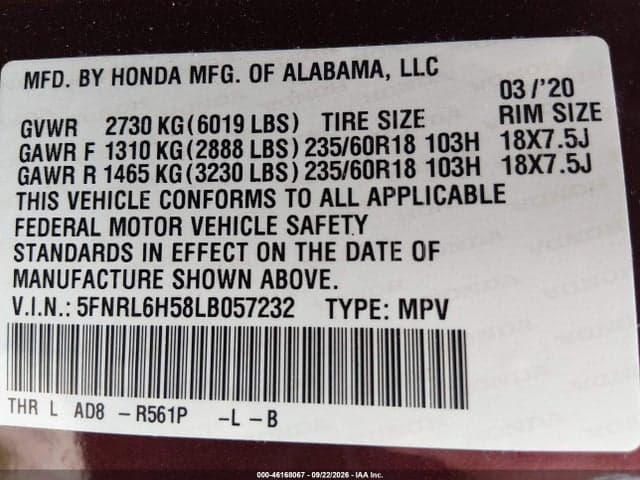 2020 HONDA ODYSSEY EX 9