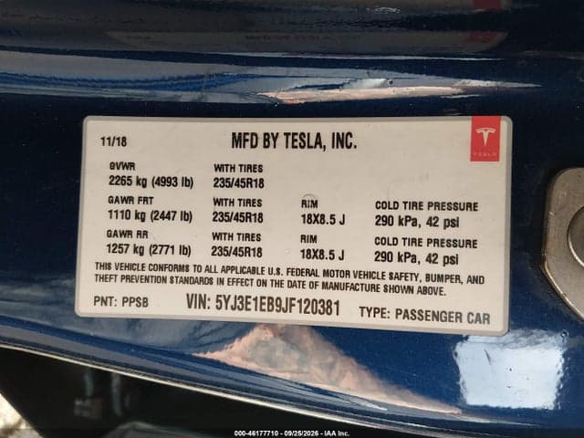 2018 TESLA MODEL 3 LONG RANGE/PERFORMANCE 9