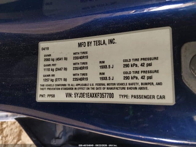 2019 TESLA MODEL 3 LONG RANGE/MID RANGE/STANDARD RANGE/STANDARD RANGE PLUS 9