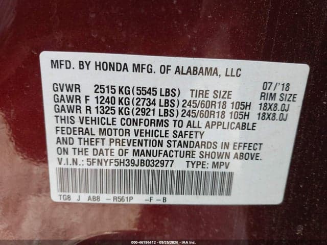 2018 HONDA PILOT EX 9