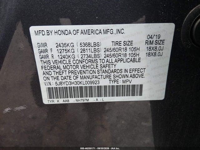 2019 ACURA MDX STANDARD 9