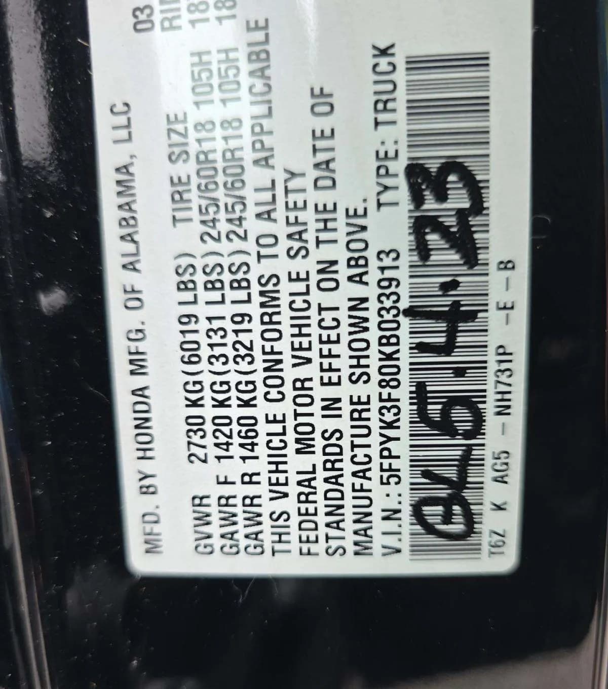 2019 HONDA RIDGELINE BLACK EDITION CREW CAB MEDIUM BED 3