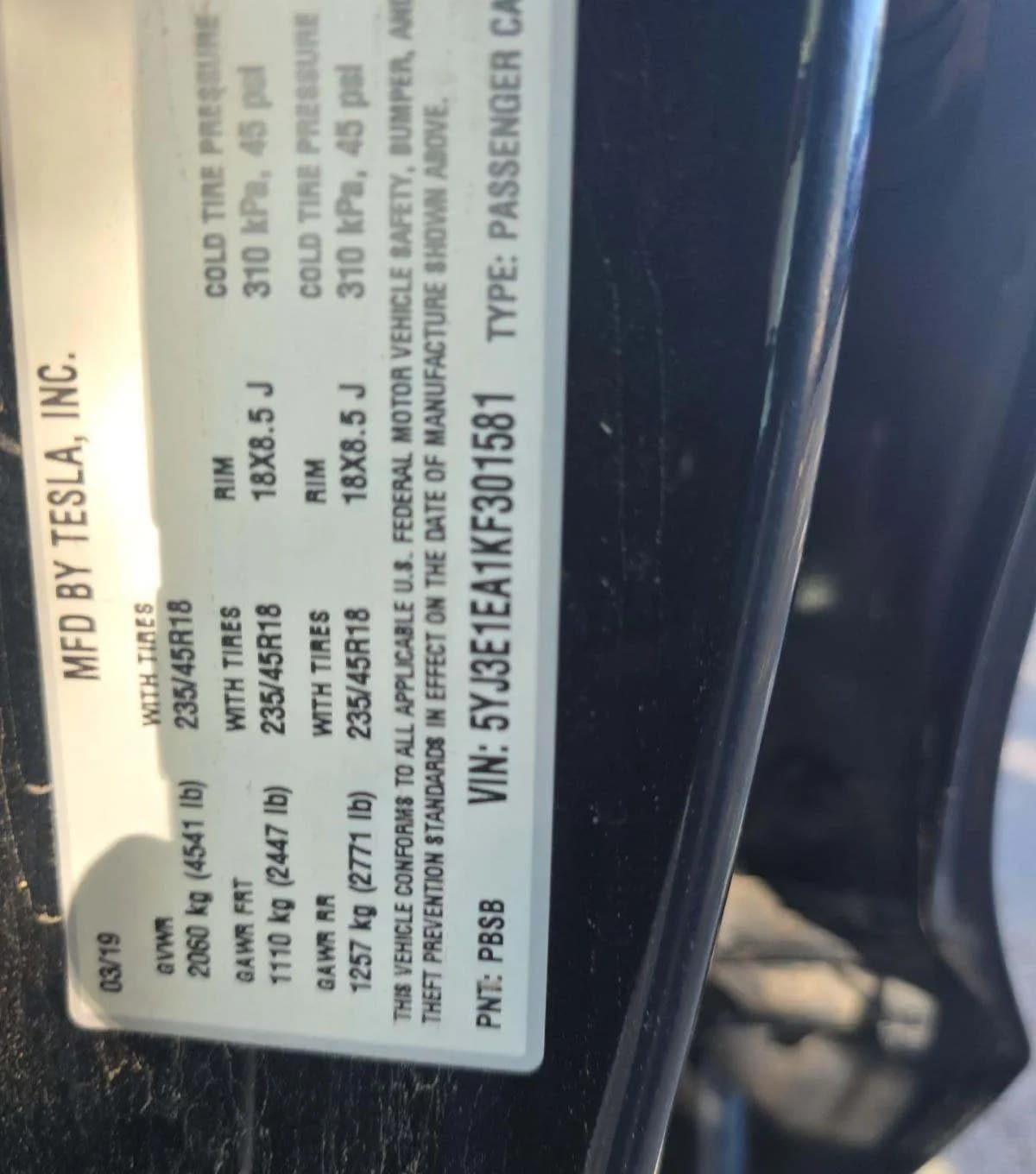 2019 TESLA MODEL 3 STANDARD Range 3